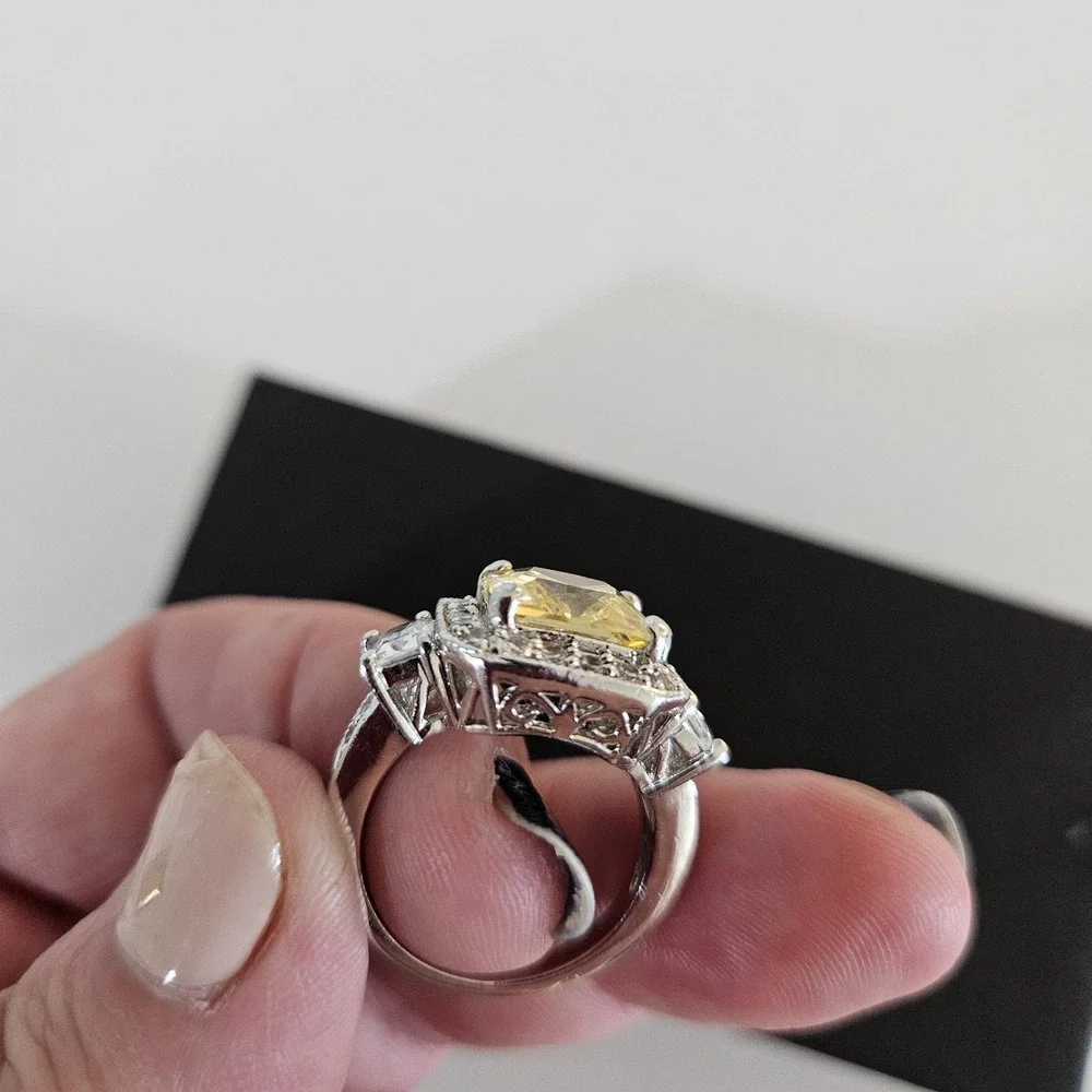 Vintage Style Canary Yellow Cushion Cut CZ Halo Ring Silver Tone Size 6